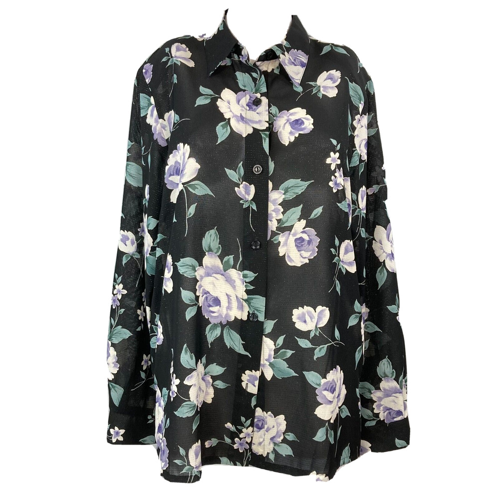 Alfred Dunner Shirt Womens Sz 10 Black Purple Floral Print Chiffon Button Down